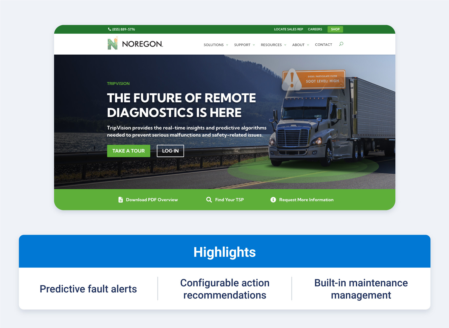 TripVision application showing predictive fault alerts, vehicle component insights, and built-in maintenance management features.
